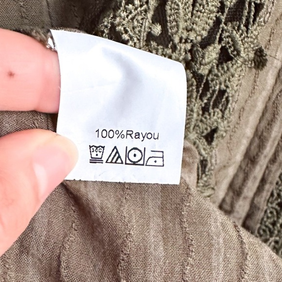 PAPOSON Olive Green Lace Trimmed Embroidered Boho Blouse Shirt Women's‎ Size S - Picture 4 of 5